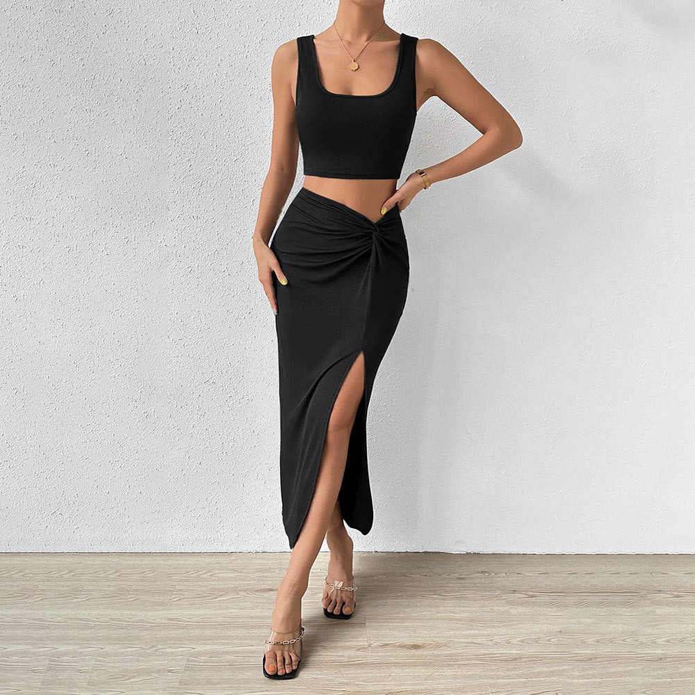Black Sleeveless Top And Slit Skirt Set - Image 3