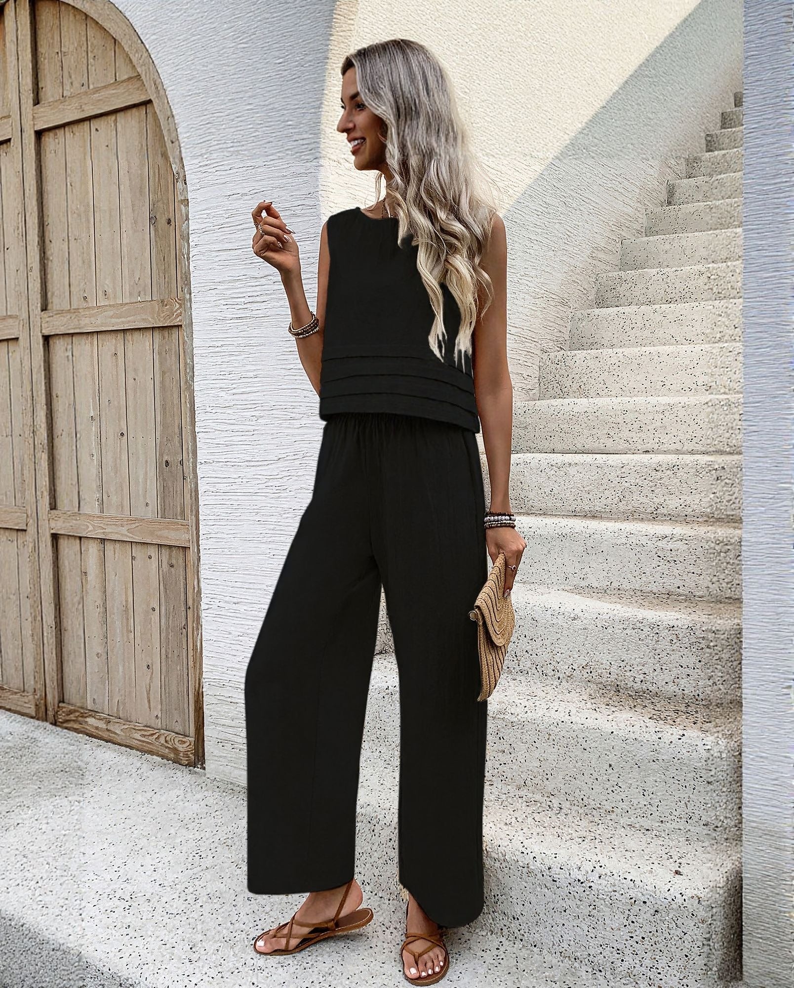 Black Sleeveless Top And Straight Fit Co-Ord Set - Image 2