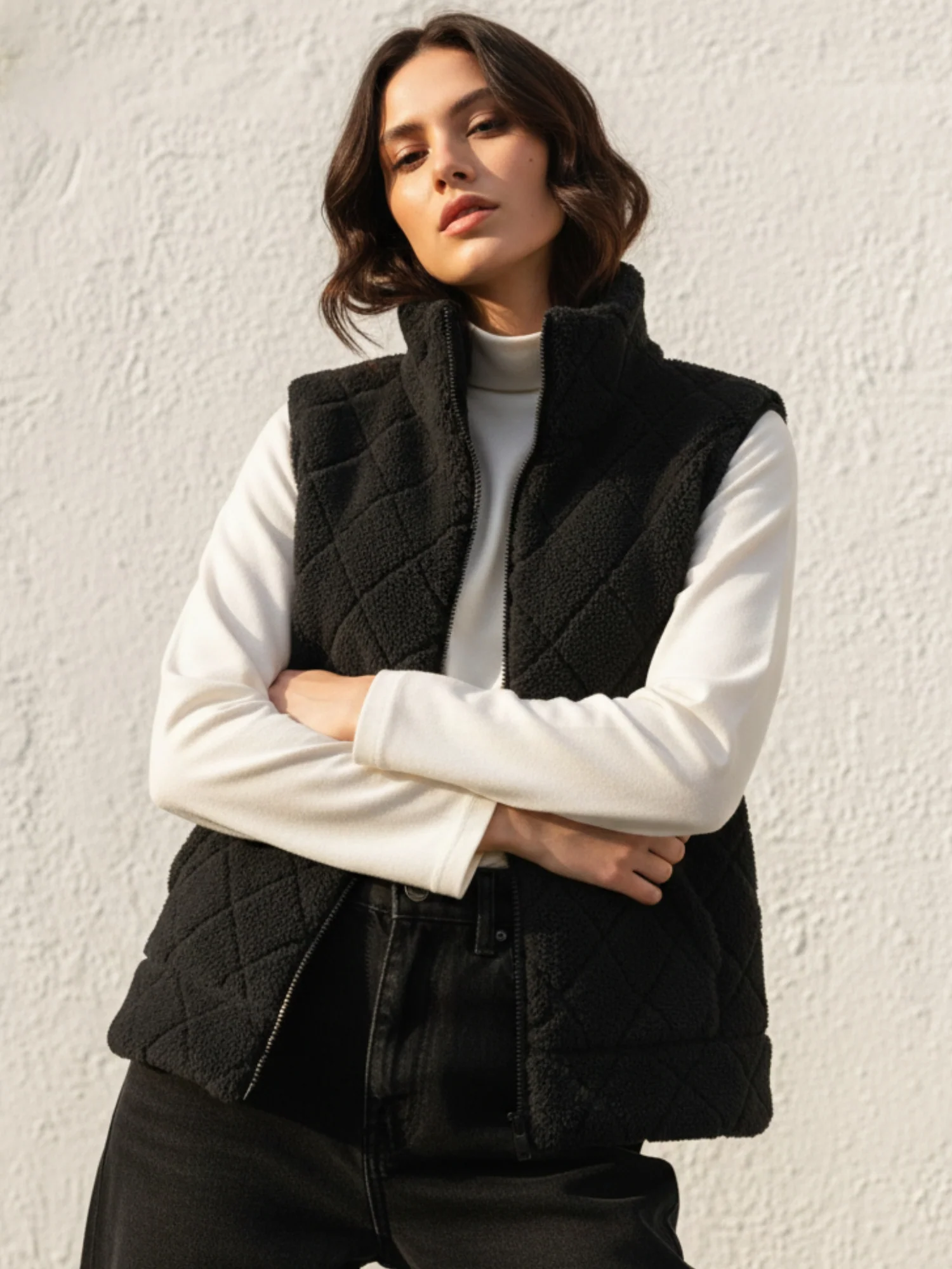 Black Sleeveless Zip Front Funnel Neck Jacket - Image 3