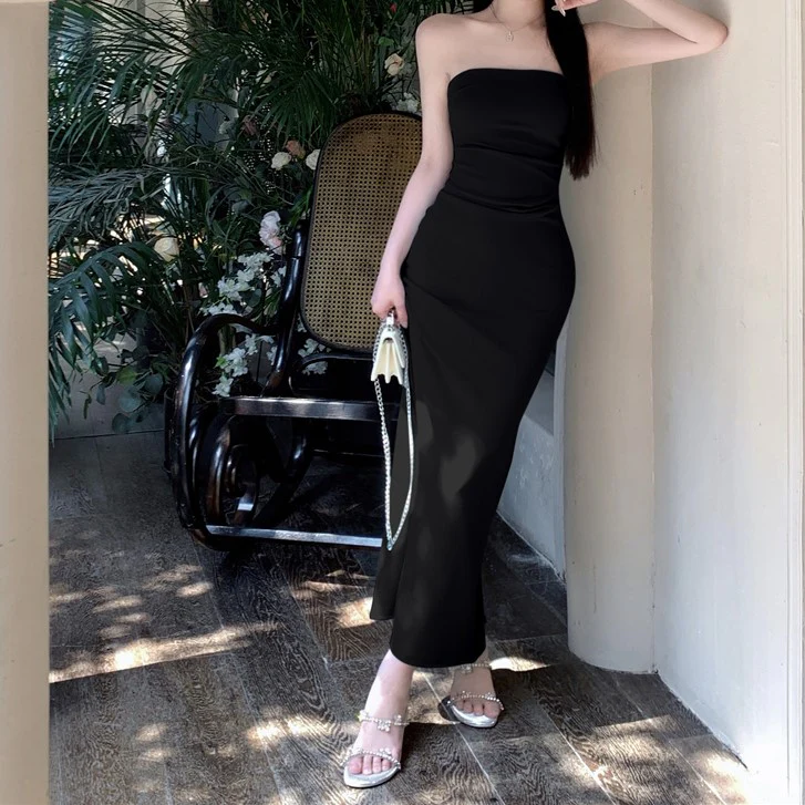 Black Solid Tube Maxi Dress