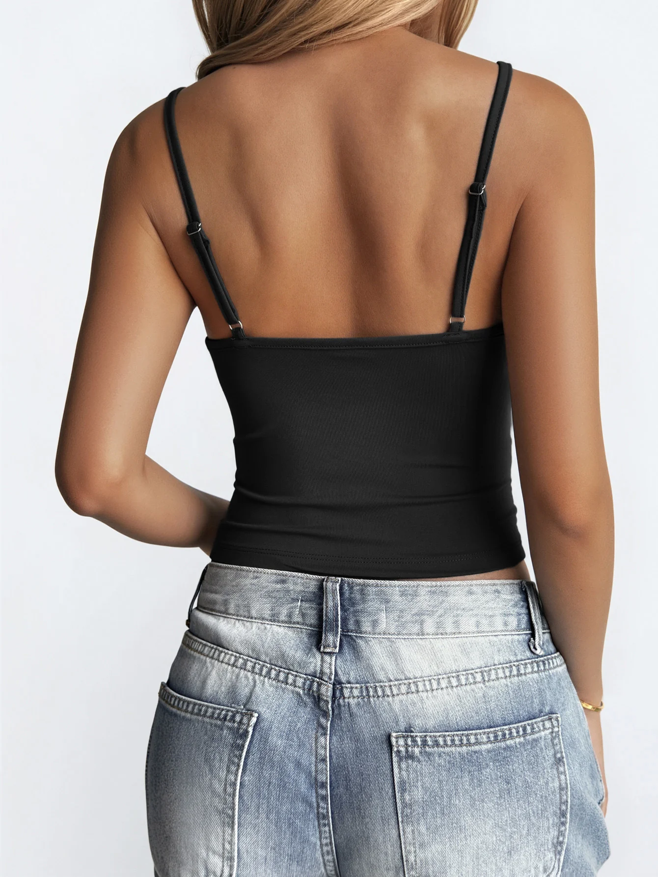 Black Solid V Neck Strappy Camisole - Image 2