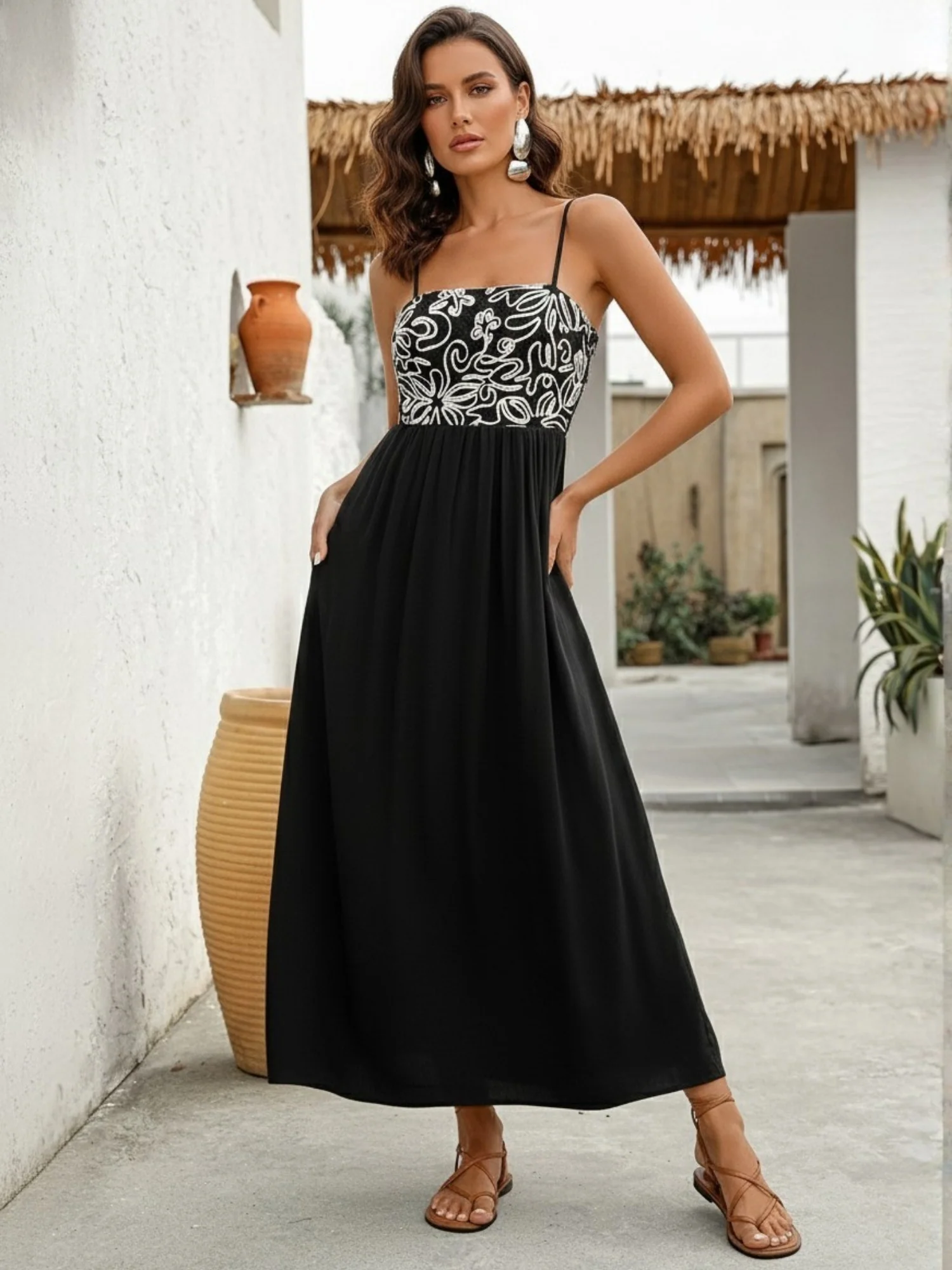 Black Spaghetti Strap Embroidered Flared Dress - Image 2