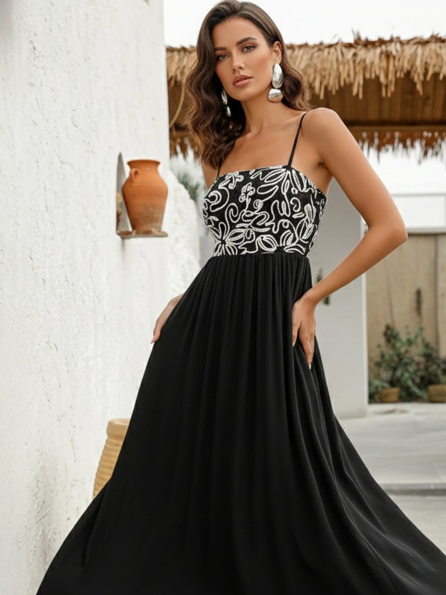 Black Spaghetti Strap Embroidered Flared Dress - Image 3