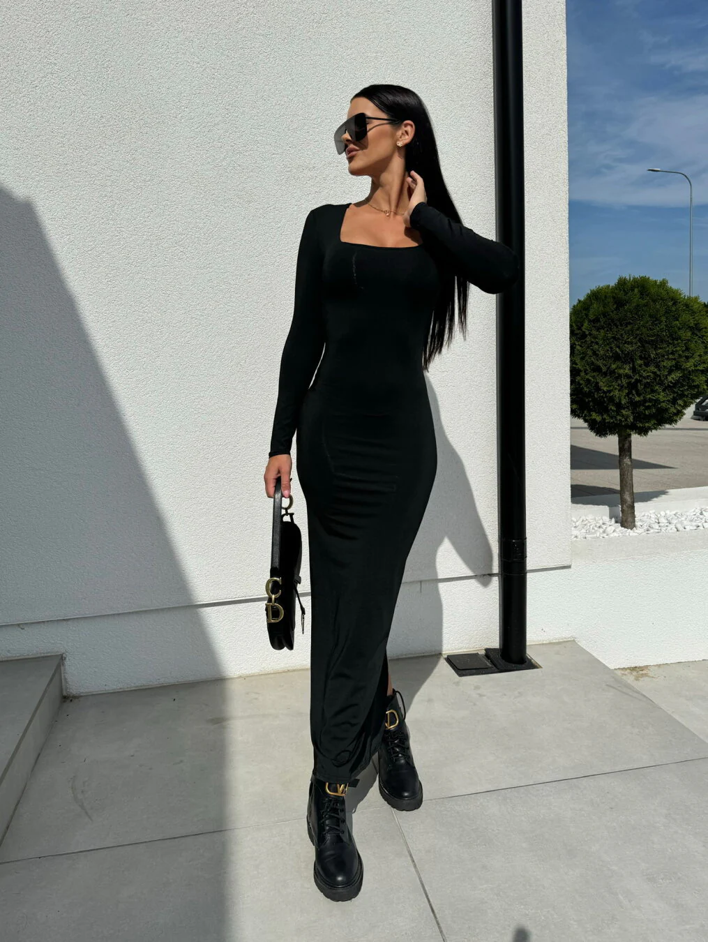 Black Square Neck Fitted Maxi Dress - Image 2
