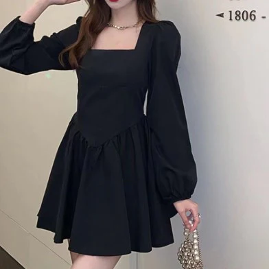 Black Square Neck Full Sleeve Fit And Flare Dress - Image 2