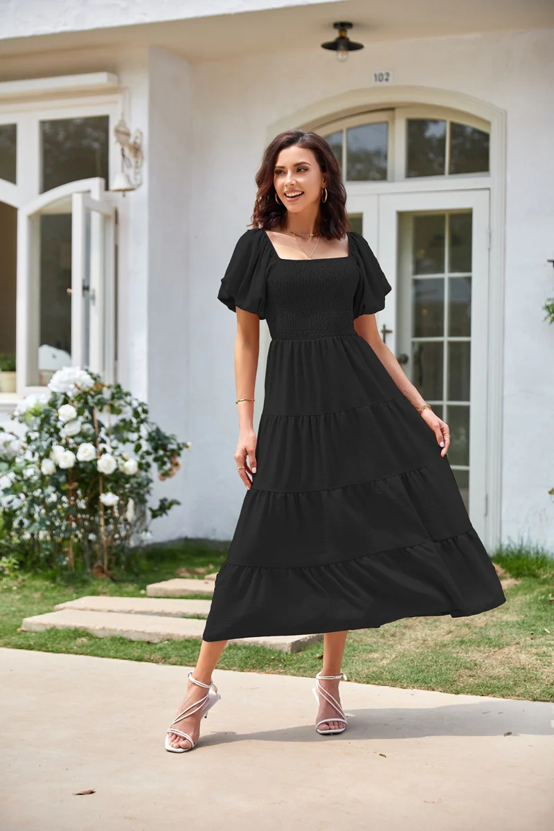 Black Square Neck Puff Sleeved Tiered Dress