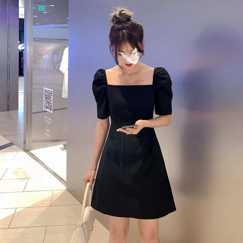 Black Square Neck Puff Sleeves Mini Dress - Image 2