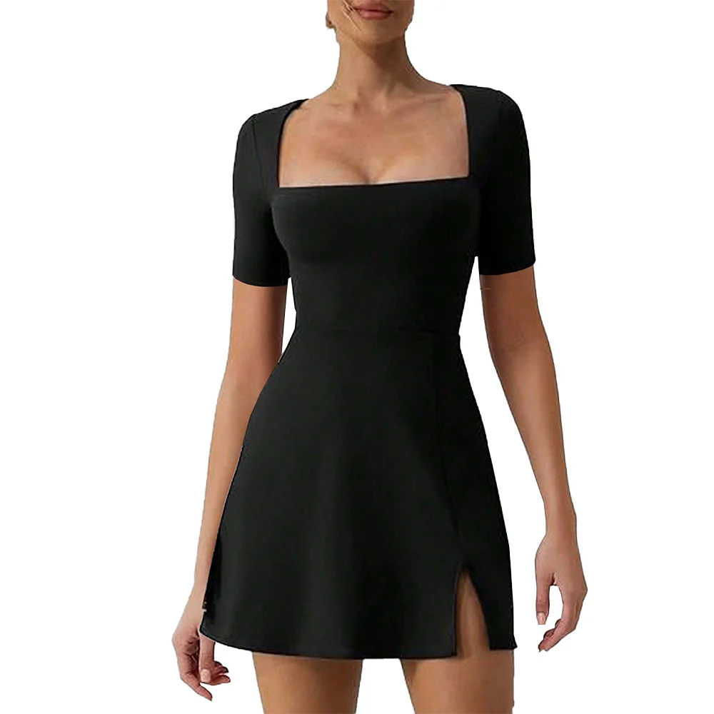 Black Square Neck Slit Dress - Image 3