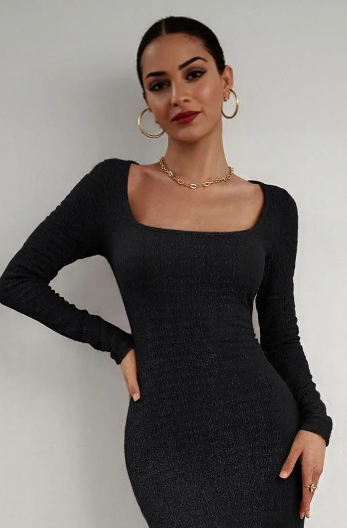 Black Square Neck Textured Maxi Dress - Image 2