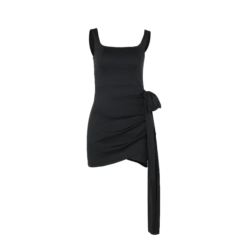 Black Square Neck Wrap Over Hem Dress - Image 3