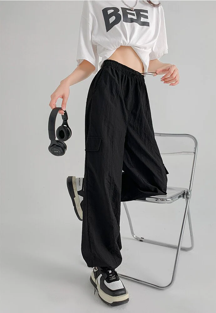 Black Straight Fit Drawstring Parachute Cargo Pants - Image 2