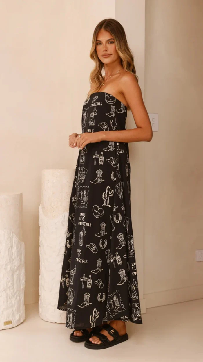 Black Strapless Floral Printed Dress - Image 3