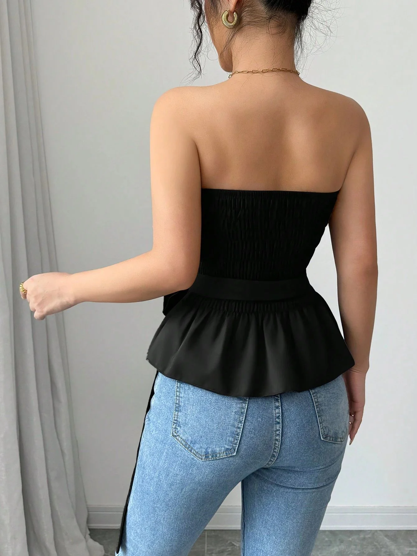 Black Strapless Smocked Top - Image 2