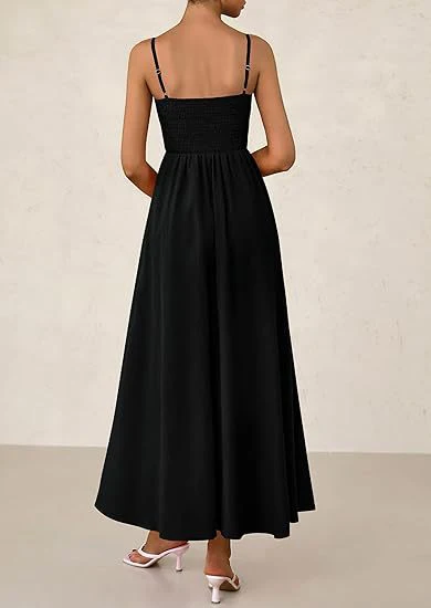 Black Strappy Square Neck Cinched Waist Dress With Pockets - Image 2