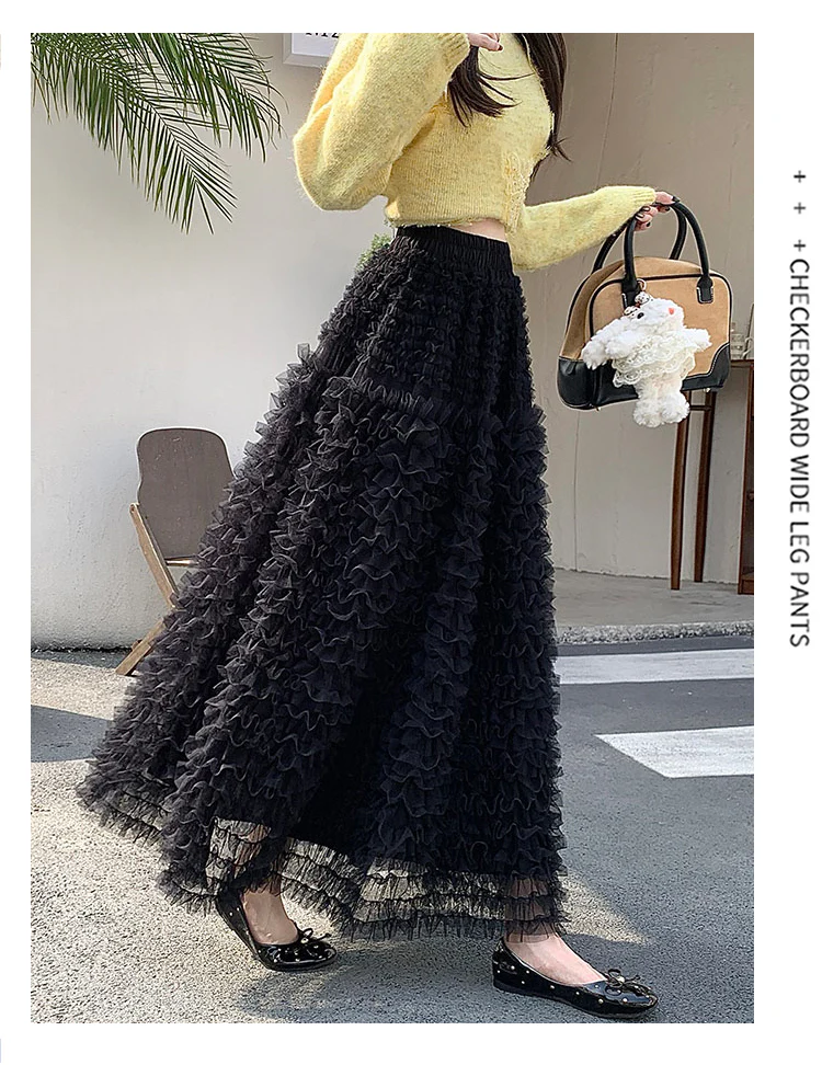 Black Textured A-Line Long Skirt - Image 4