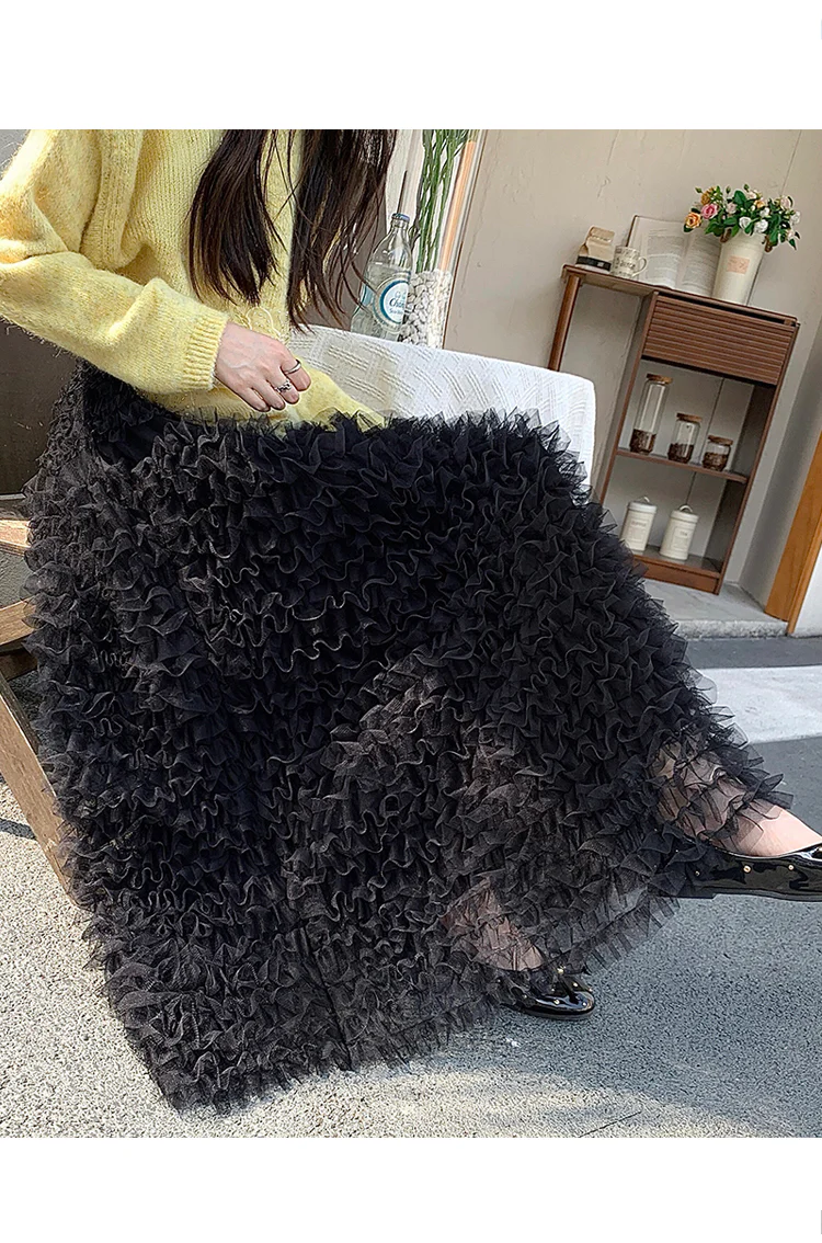 Black Textured A-Line Long Skirt - Image 7
