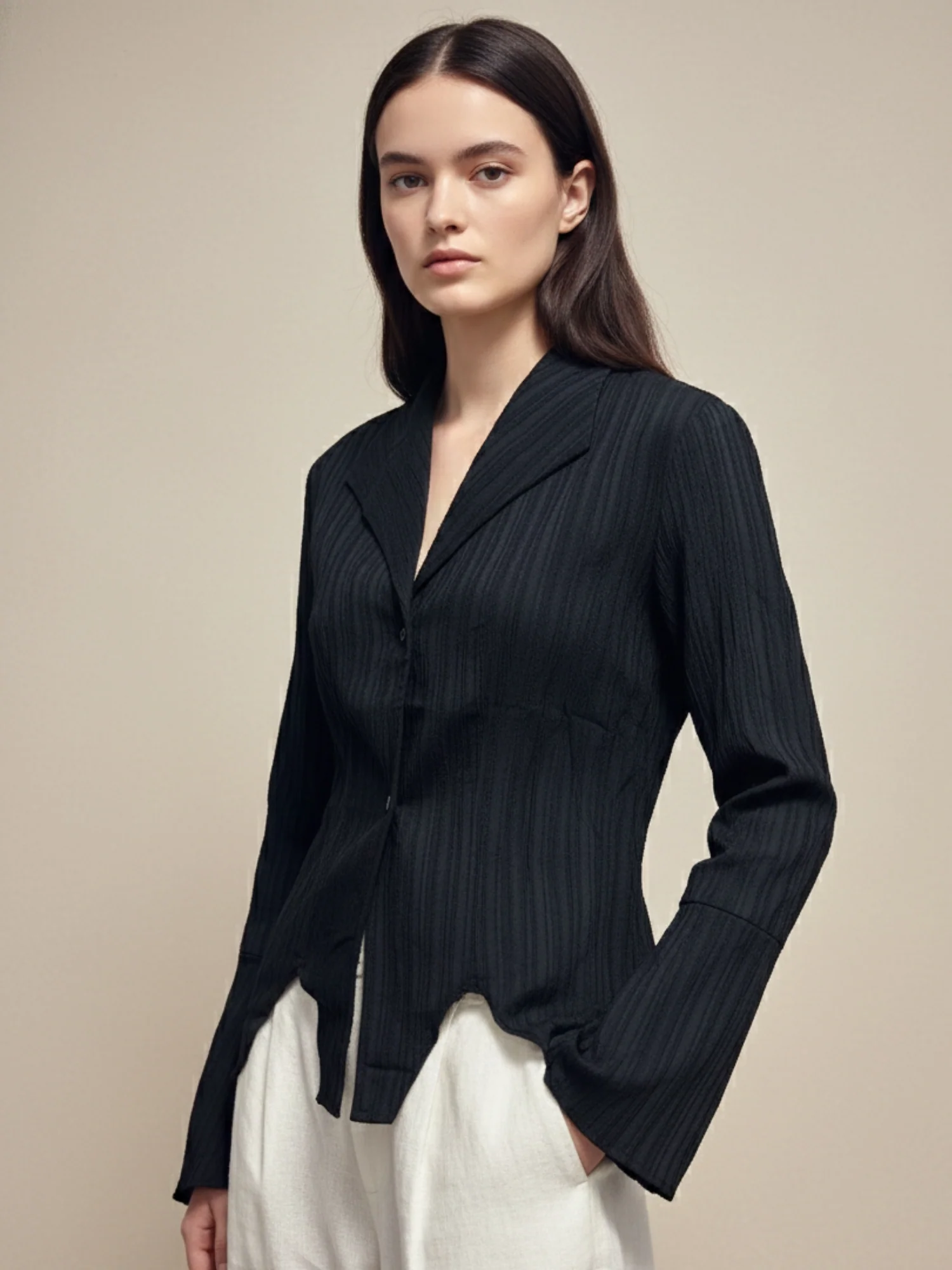 Black Textured Front Buttoned Shirt