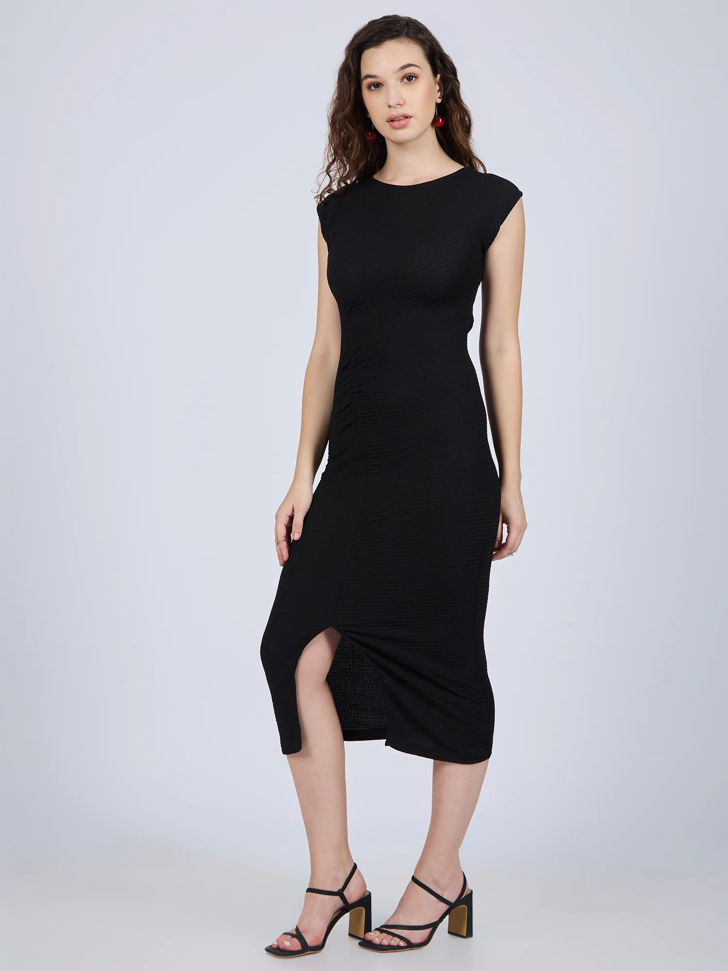 Black Textured Knit Midi Dress - Image 3