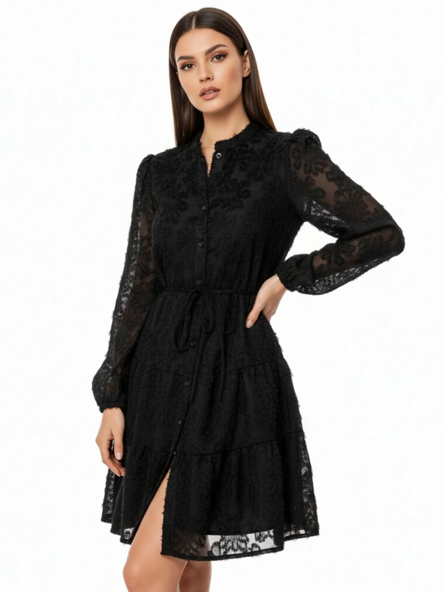 Black Textured Shirt Dress - Image 3