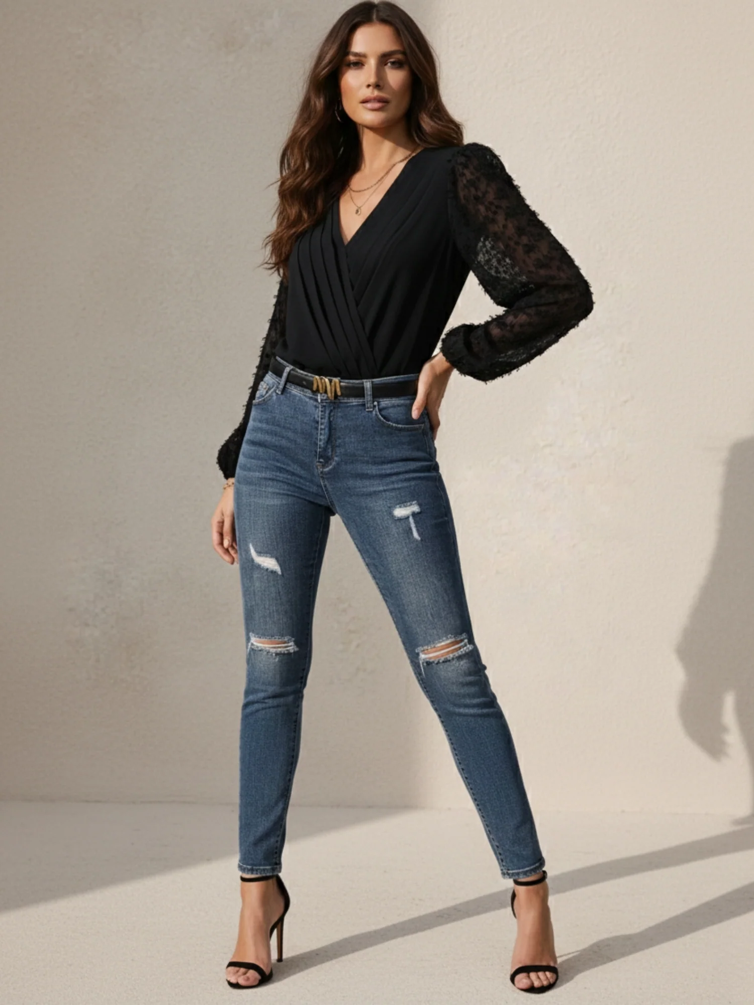 Black Textured Sleeve V Neck Bodysuits - Image 3