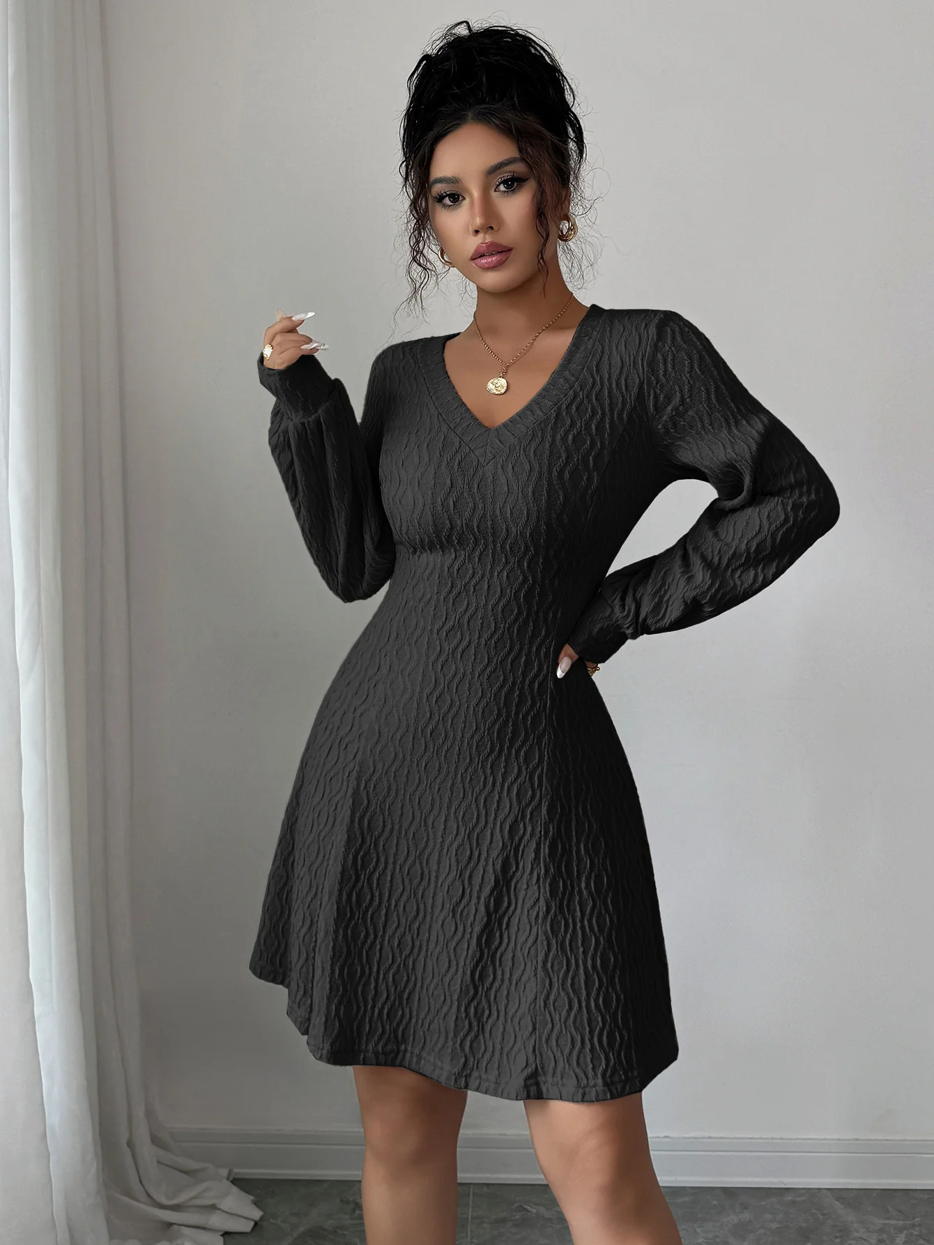 Black Textured V Neck Mini Dress - Image 2