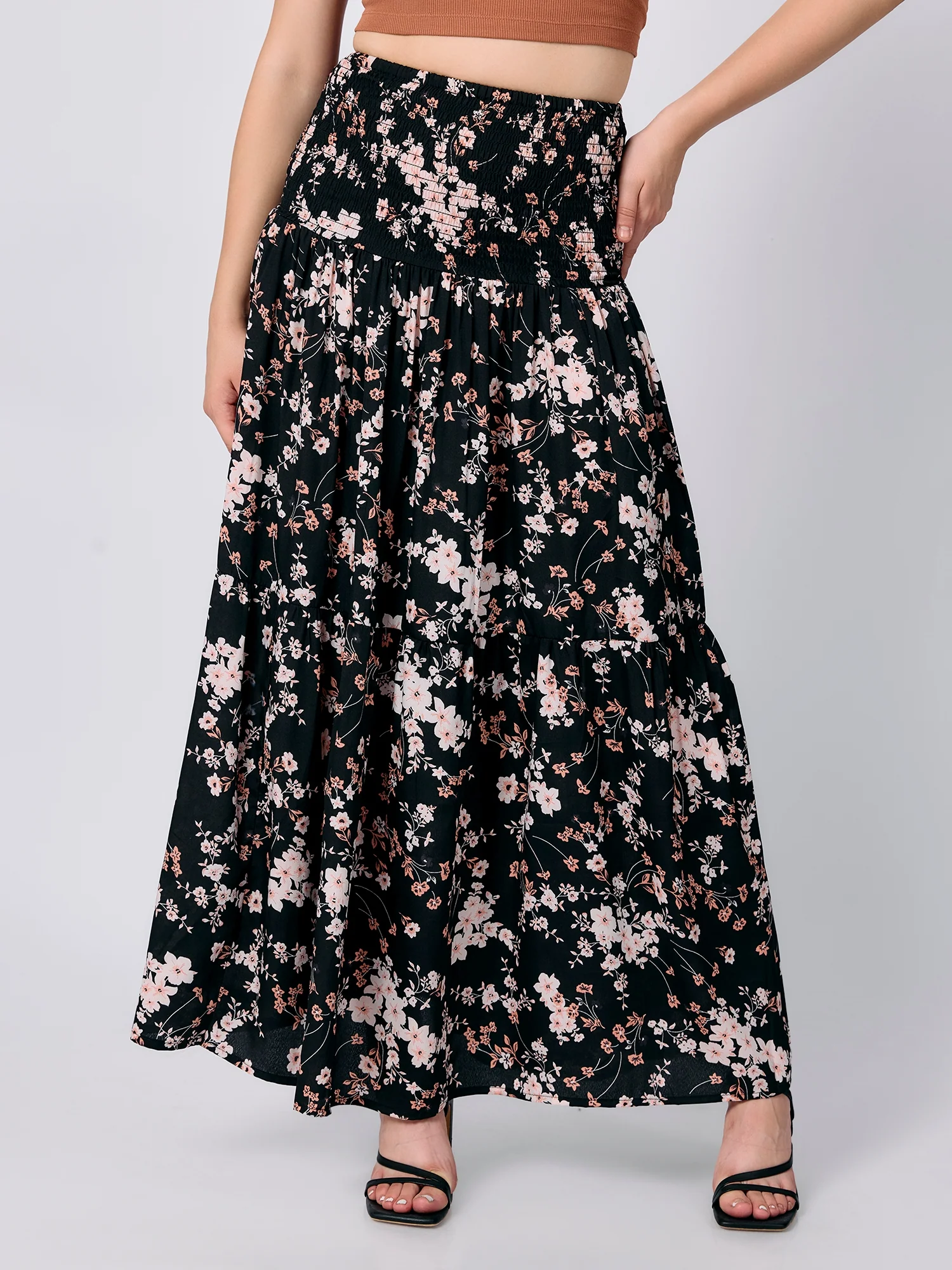 Black Three Tired Midi Skirt Printed - Image 5