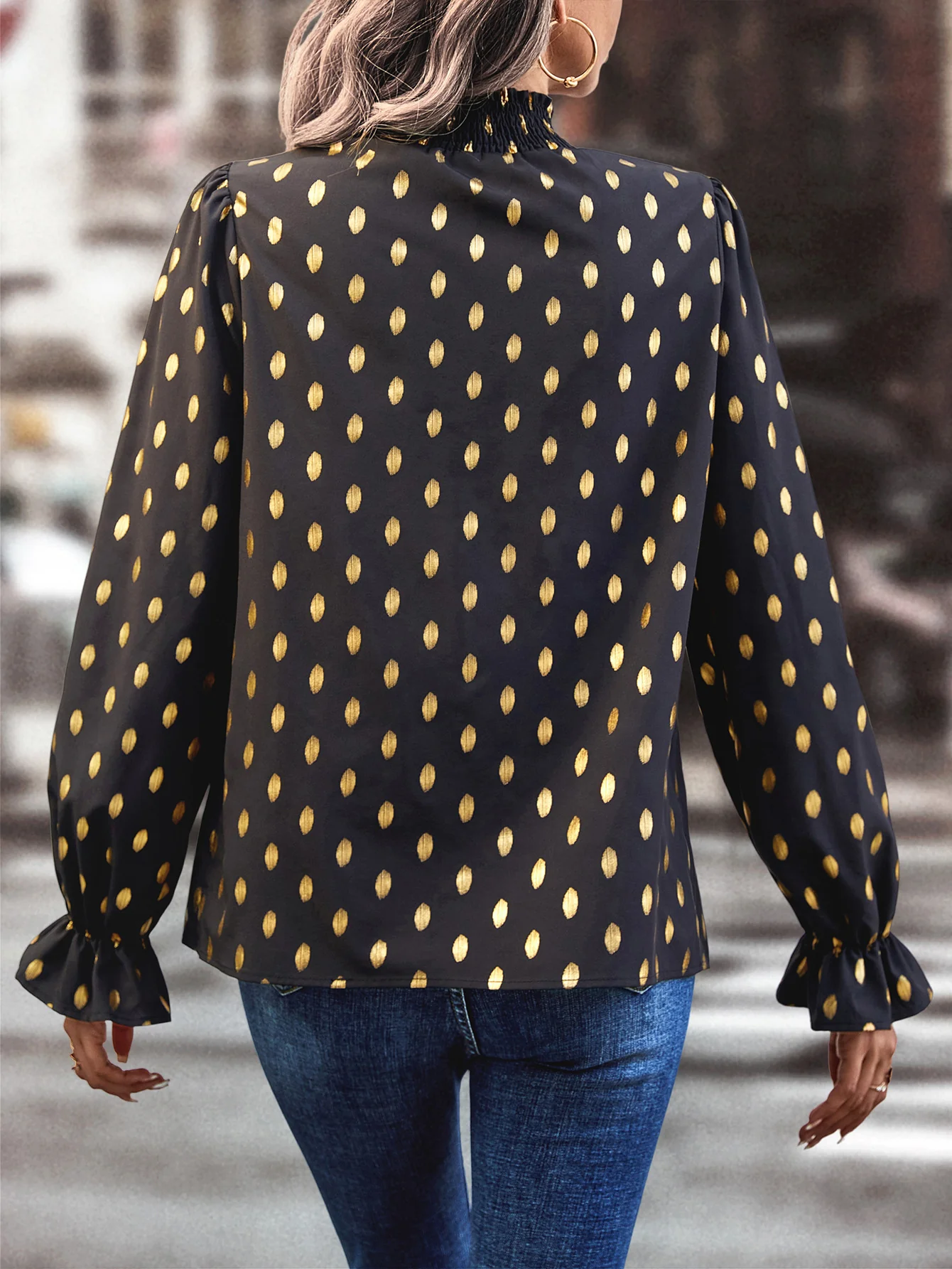 Black Full Sleeved Retro Polka Dots Top - Image 3