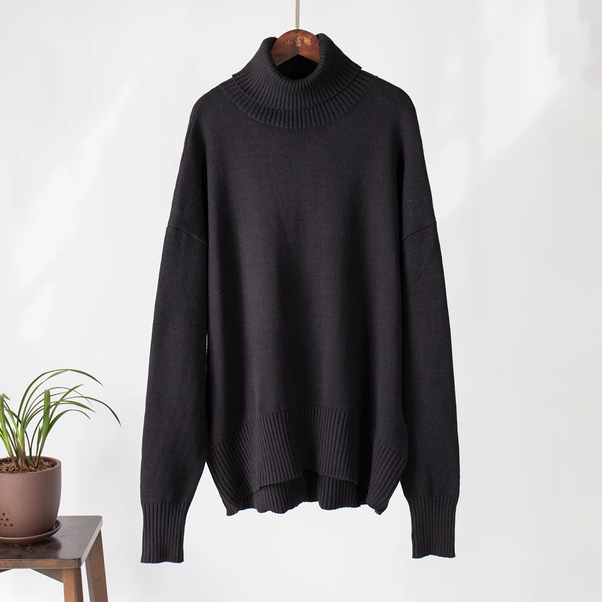 Black Turtle Neck Oversized Solid Sweater - Image 4