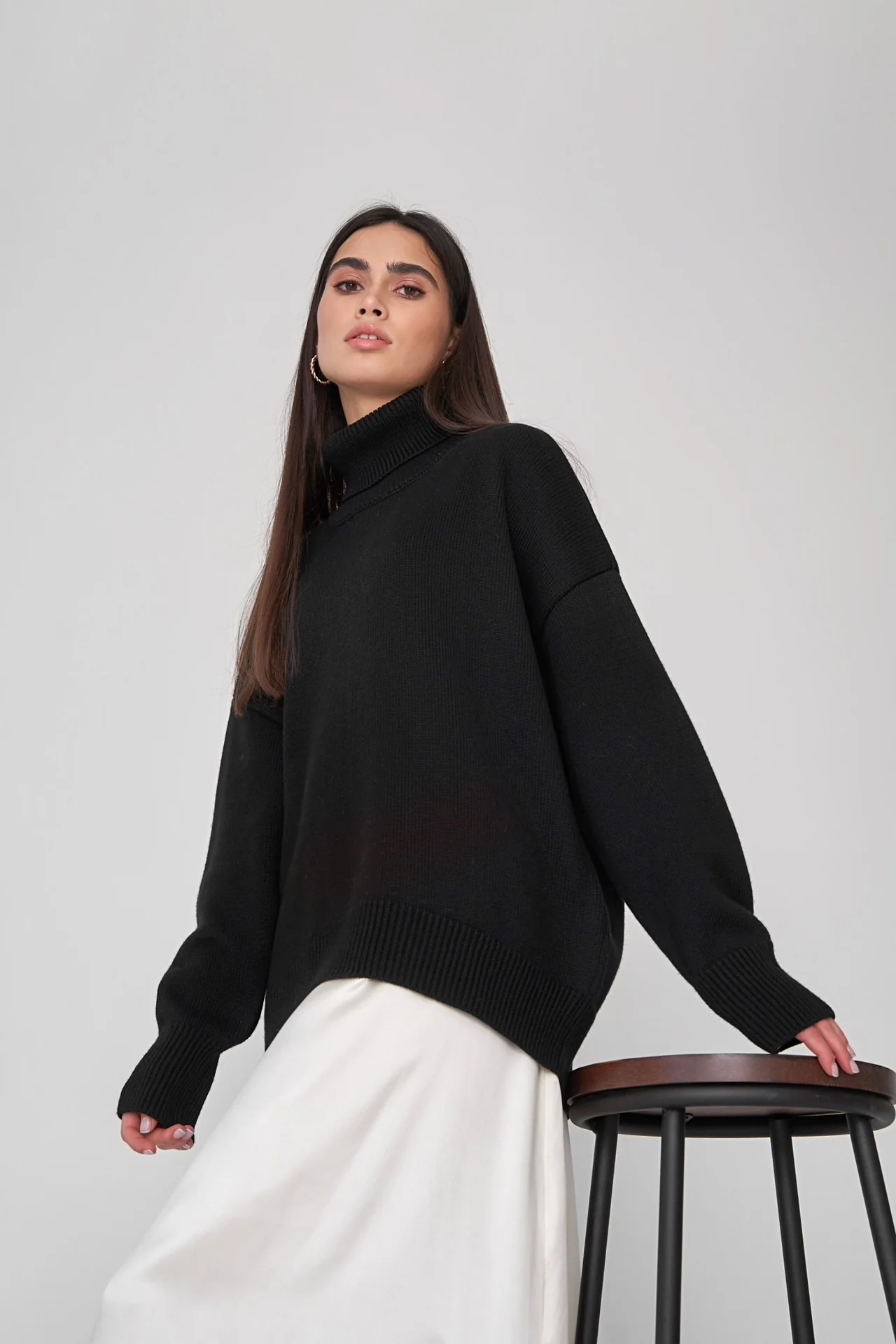 Black Turtle Neck Oversized Solid Sweater - Image 5