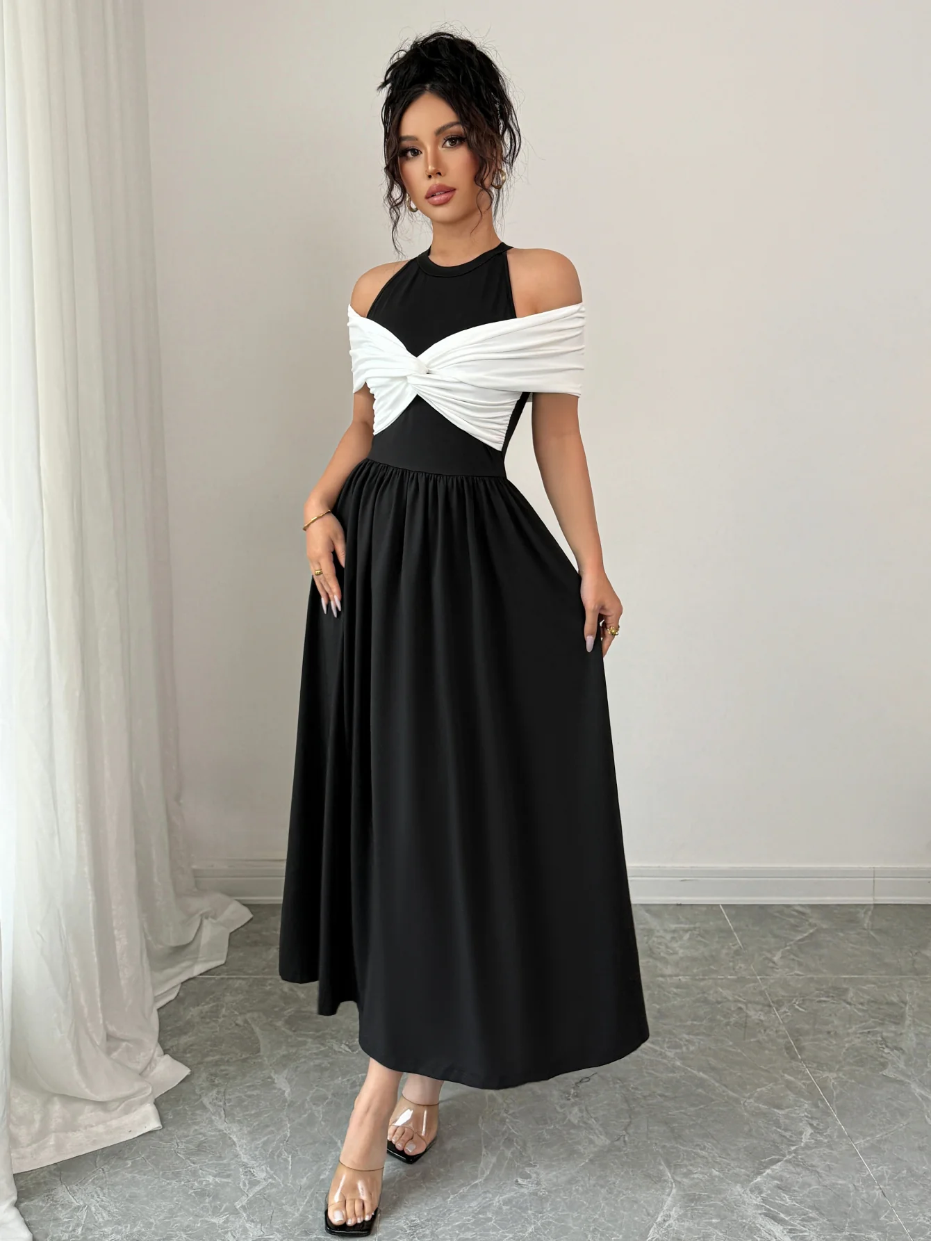 Black Twisted Contrast Off Shoulder Dress
