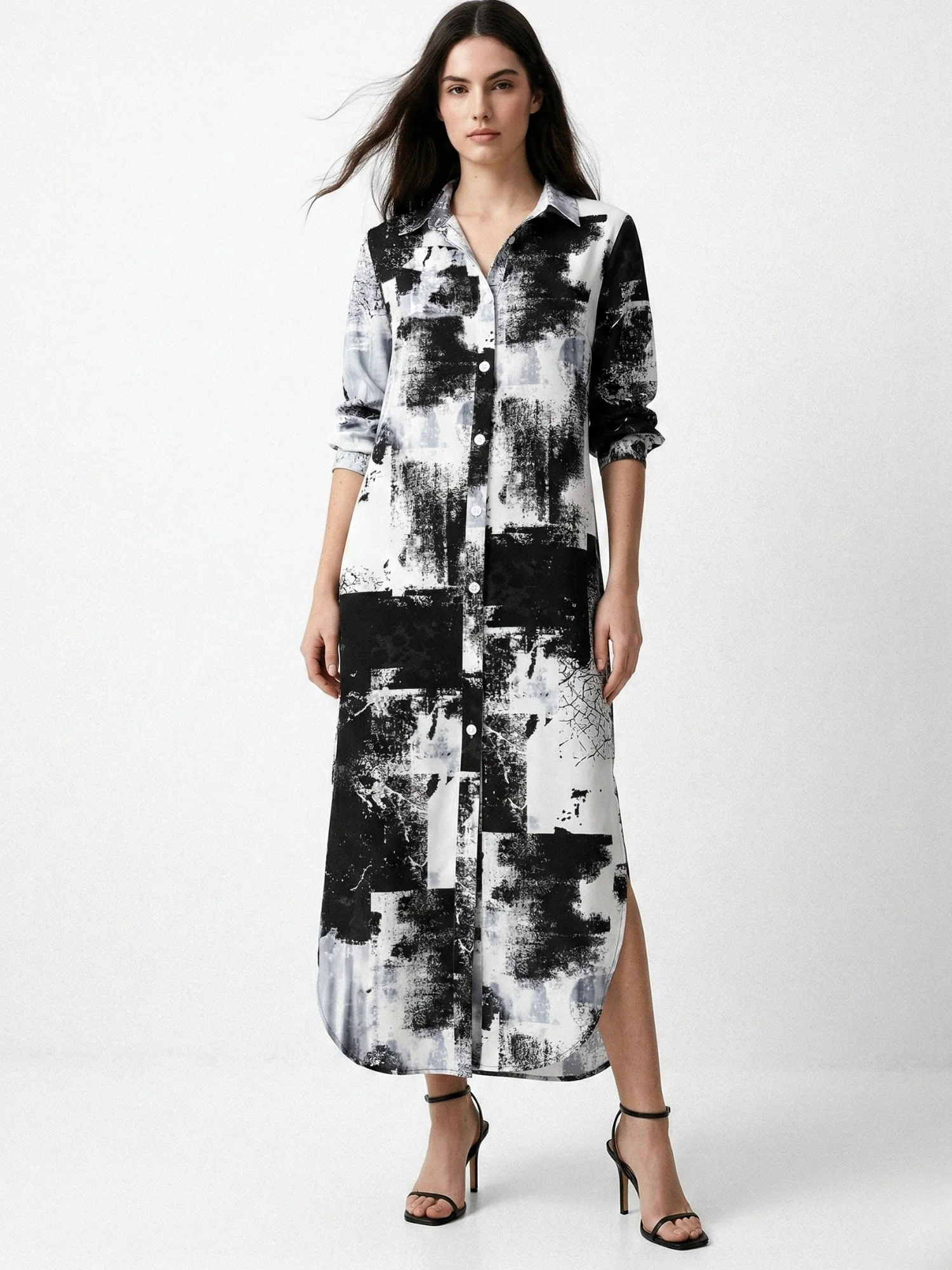 Black Typographic Button Down Shirt Dress - Image 3