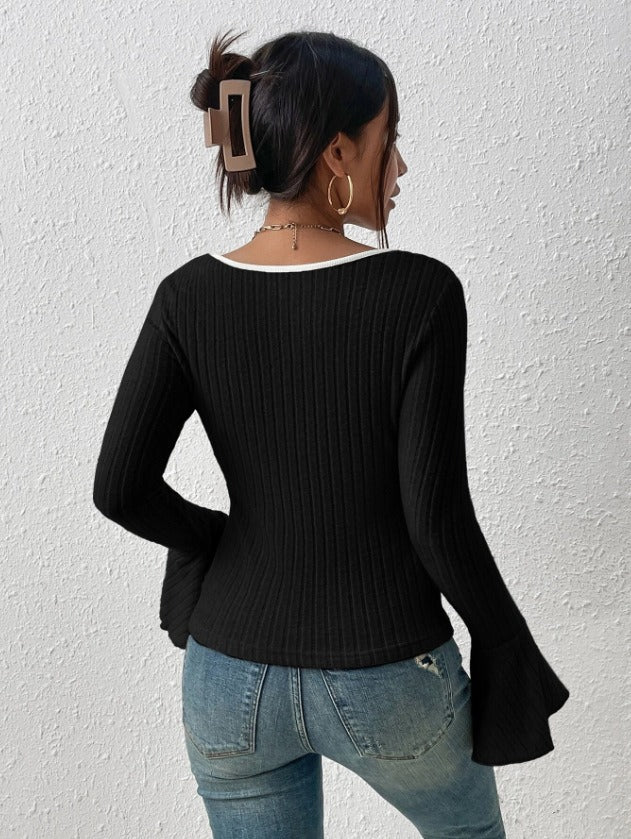 Black U Neck Contrast Tiping Full Sleeves Fitted Top - Image 2