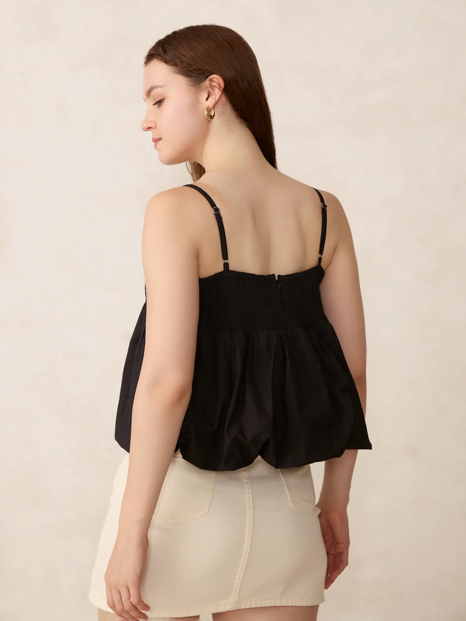 Black V Neck Bubble Hem Top - Image 2