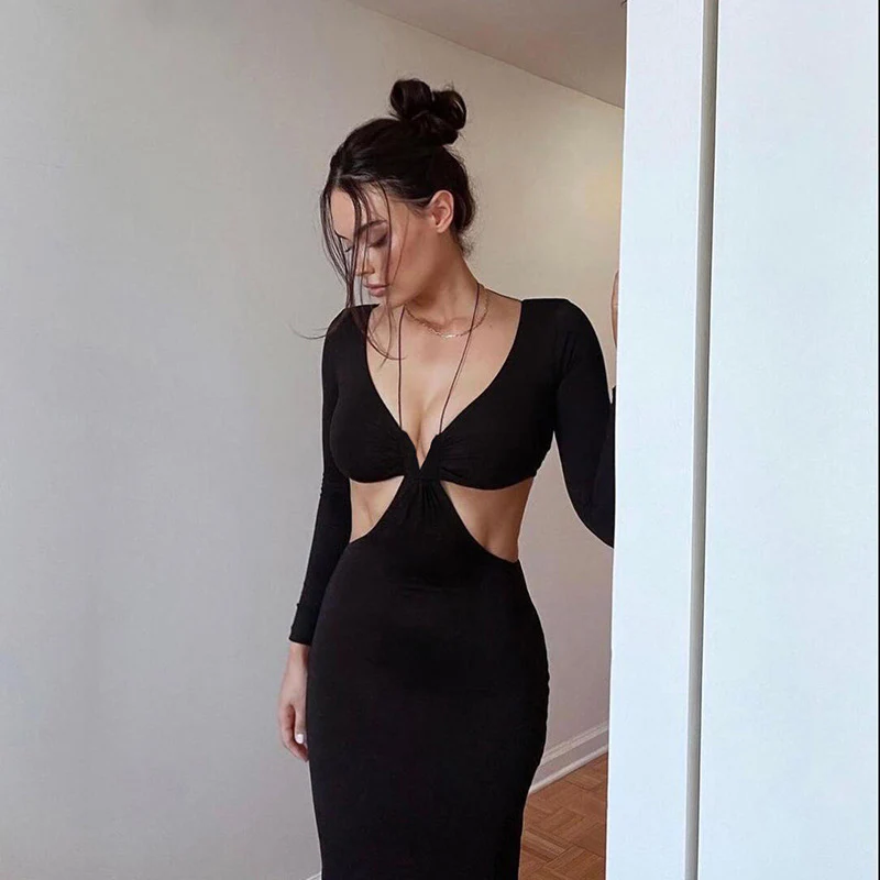 Black V-Neck Long Sleeve Cut-Out Dress - Image 6