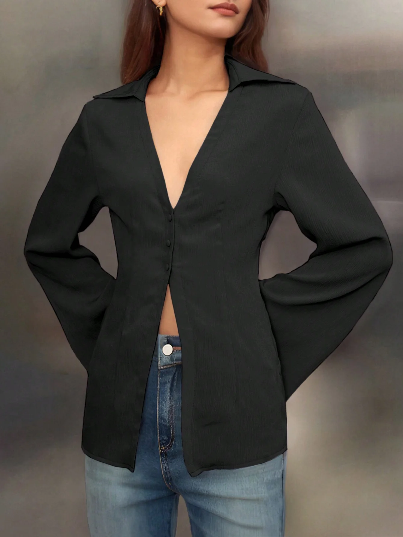 Black V-Neck Long Sleeve Shirt - Image 3