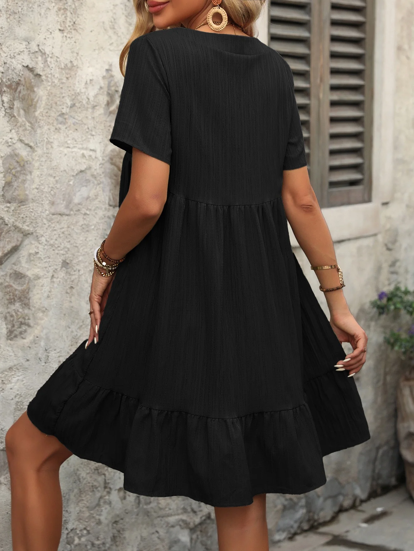 Black V-Neck Short Sleeve Flowy Dress - Image 2