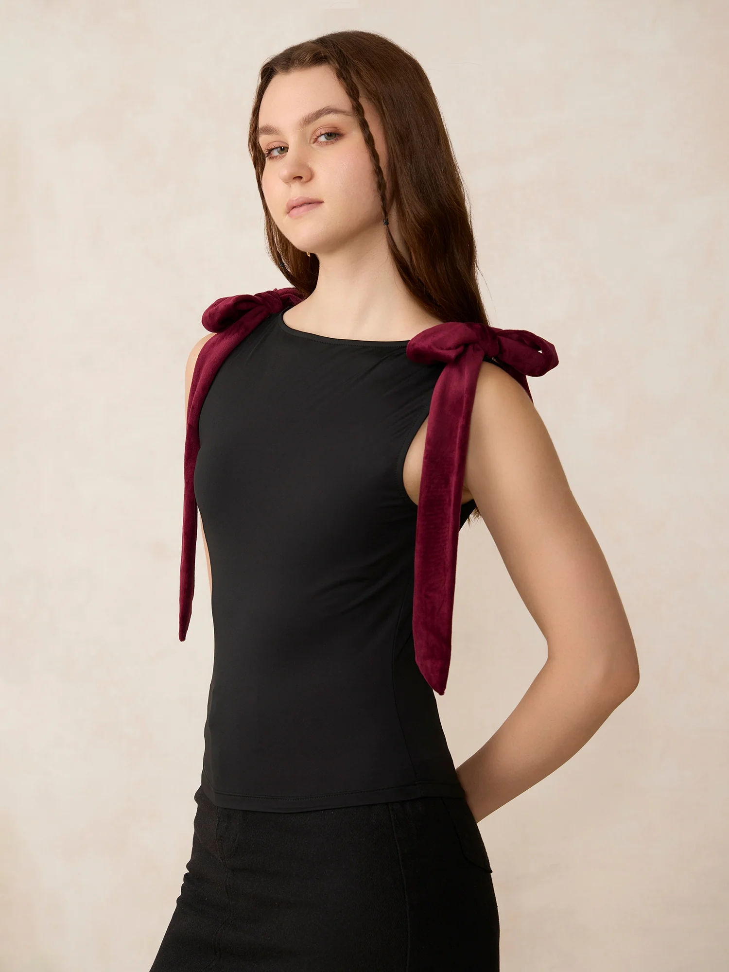 Black Velvet Bow Detail Knit Top - Image 3