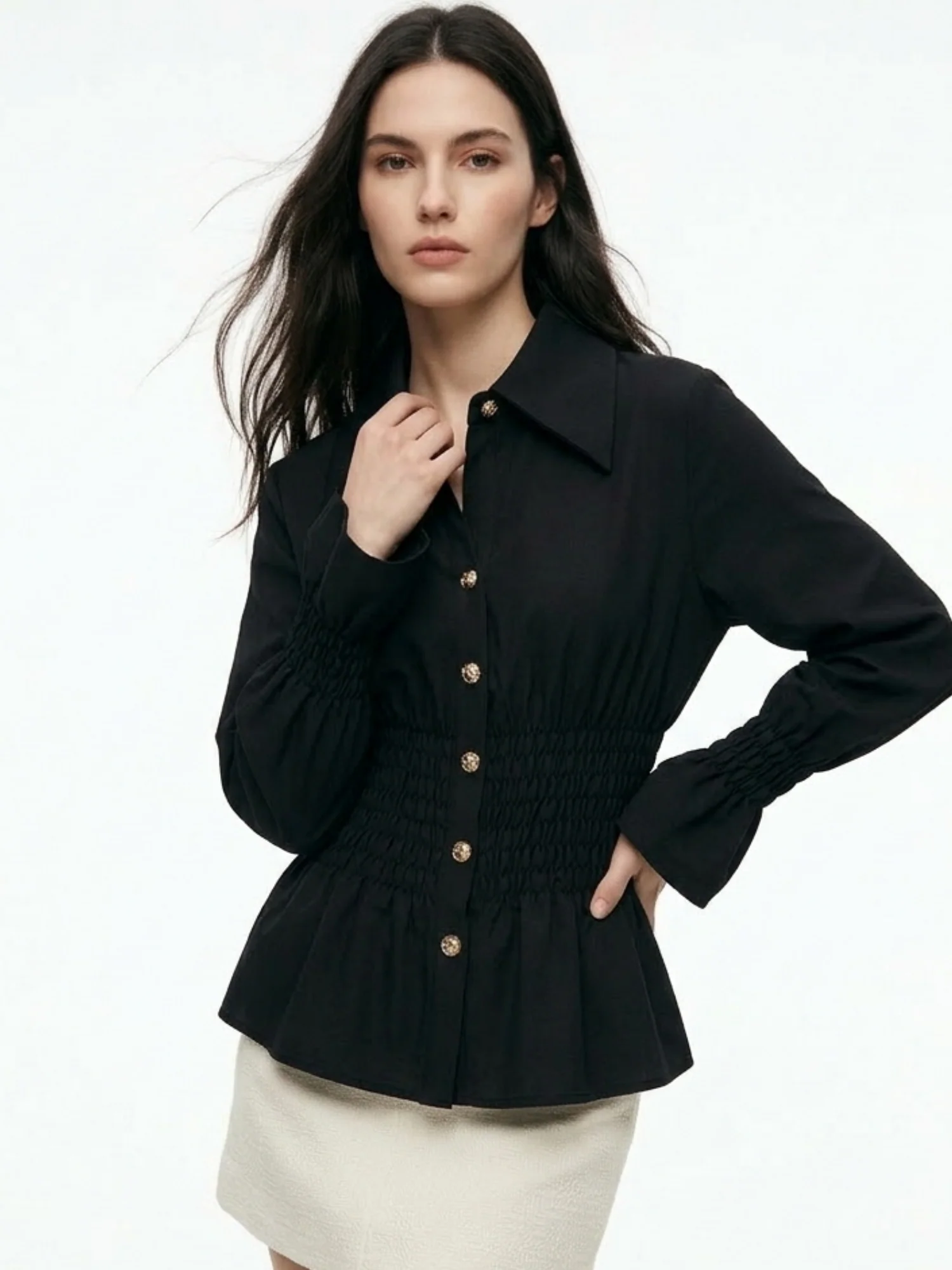 Black Waist Fitted Front Buttoned Top