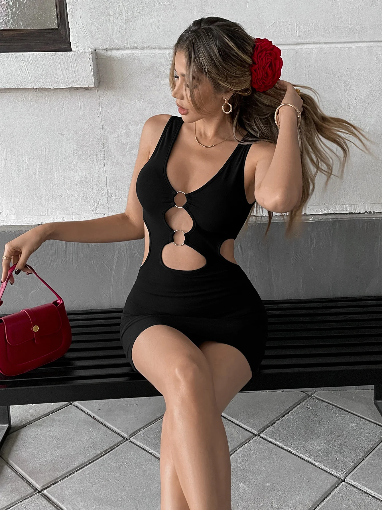 Black Waist Metal Detail Dress - Image 4