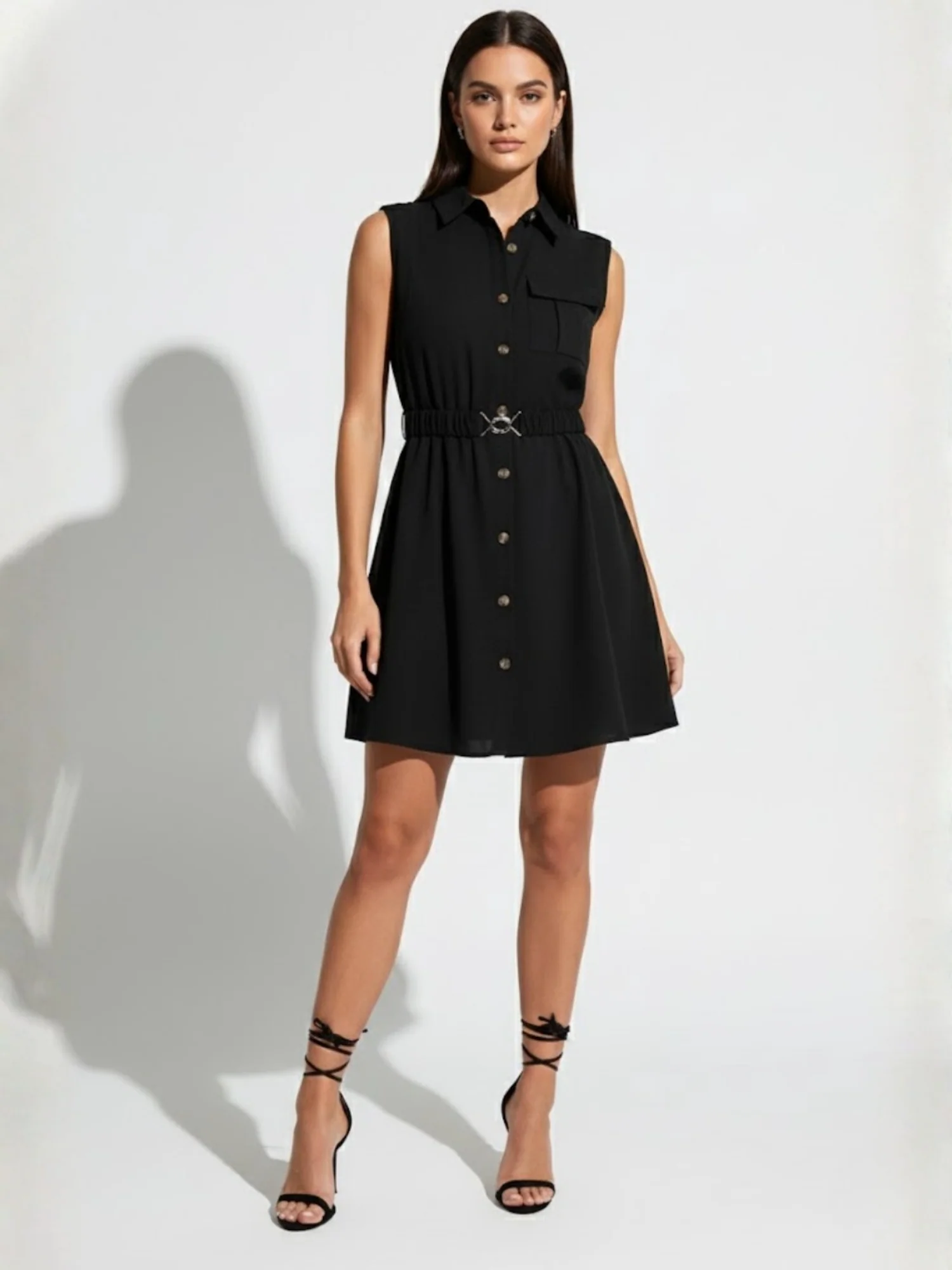 Black Waist Tie-Up Collared Dress - Image 2