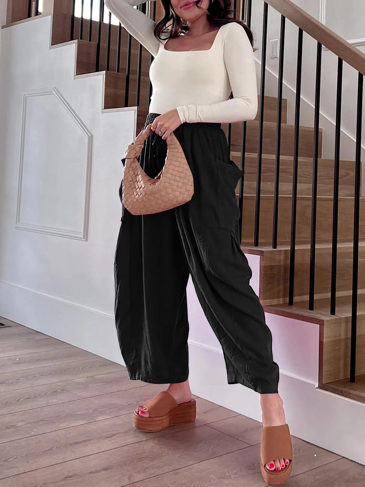 Black Wide Leg Casual Cargo Pants - Image 2