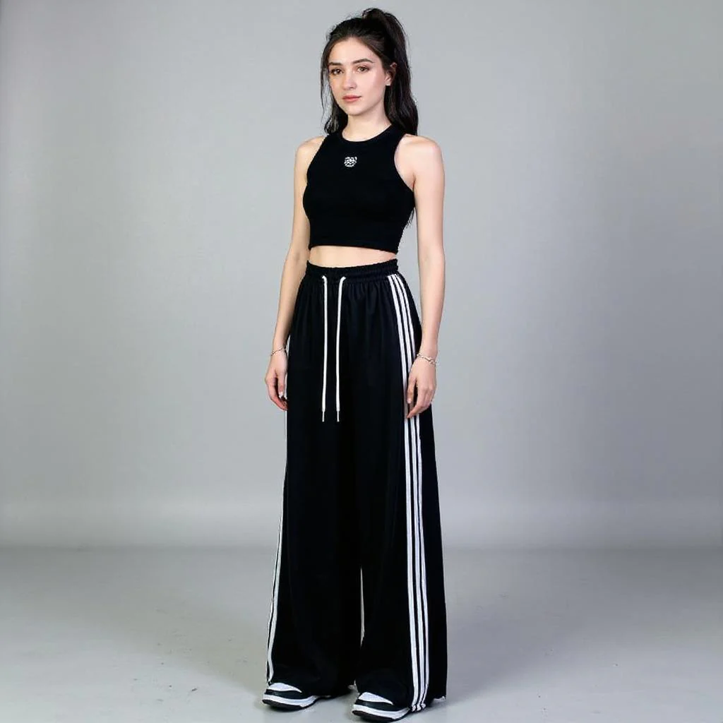 Black Wide Leg Drawstring Stripe Joggers