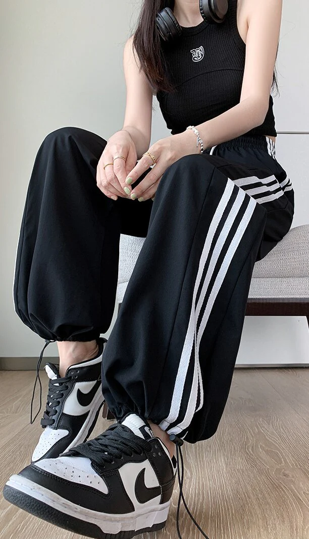 Black Wide Leg Drawstring Stripe Joggers - Image 2