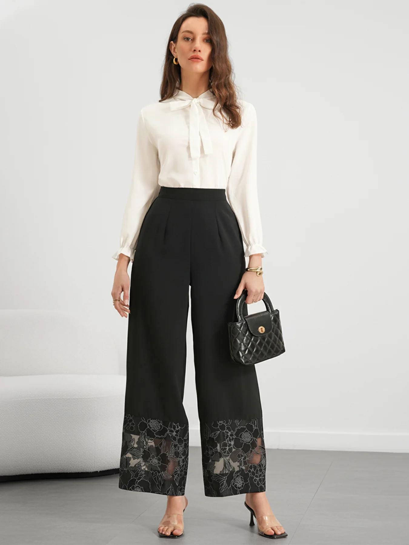 Black Wide Leg Trousers With Lace Hem - Image 3