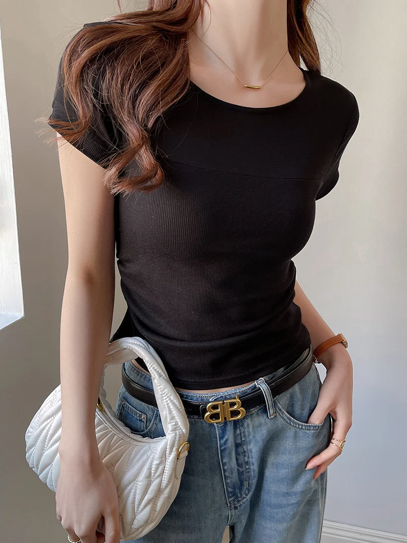 Black Wide Neck Solid T-Shirt - Image 2