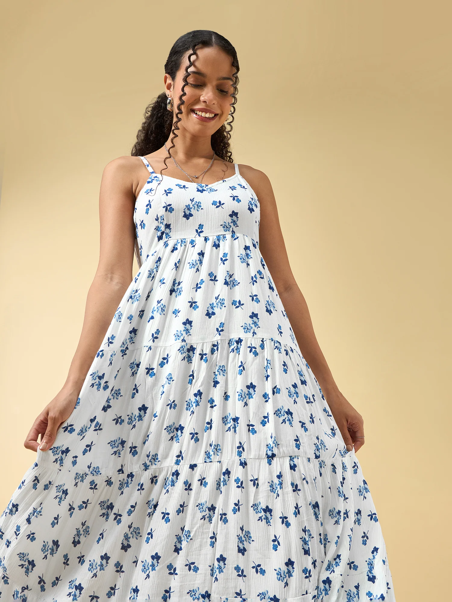 Blue A-Line Tiered Dress With Tie Up Detail At The Back - Image 2