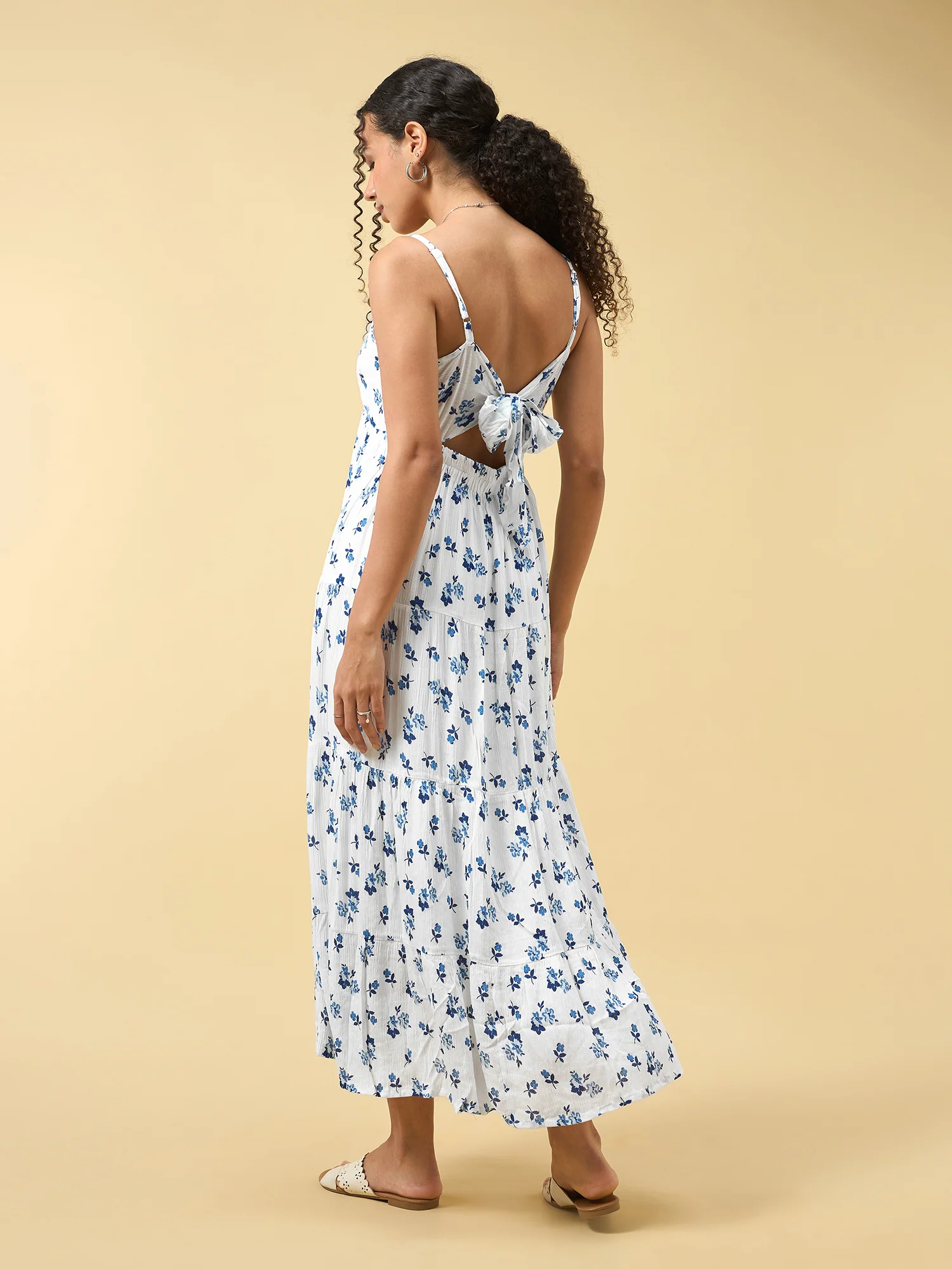 Blue A-Line Tiered Dress With Tie Up Detail At The Back - Image 5