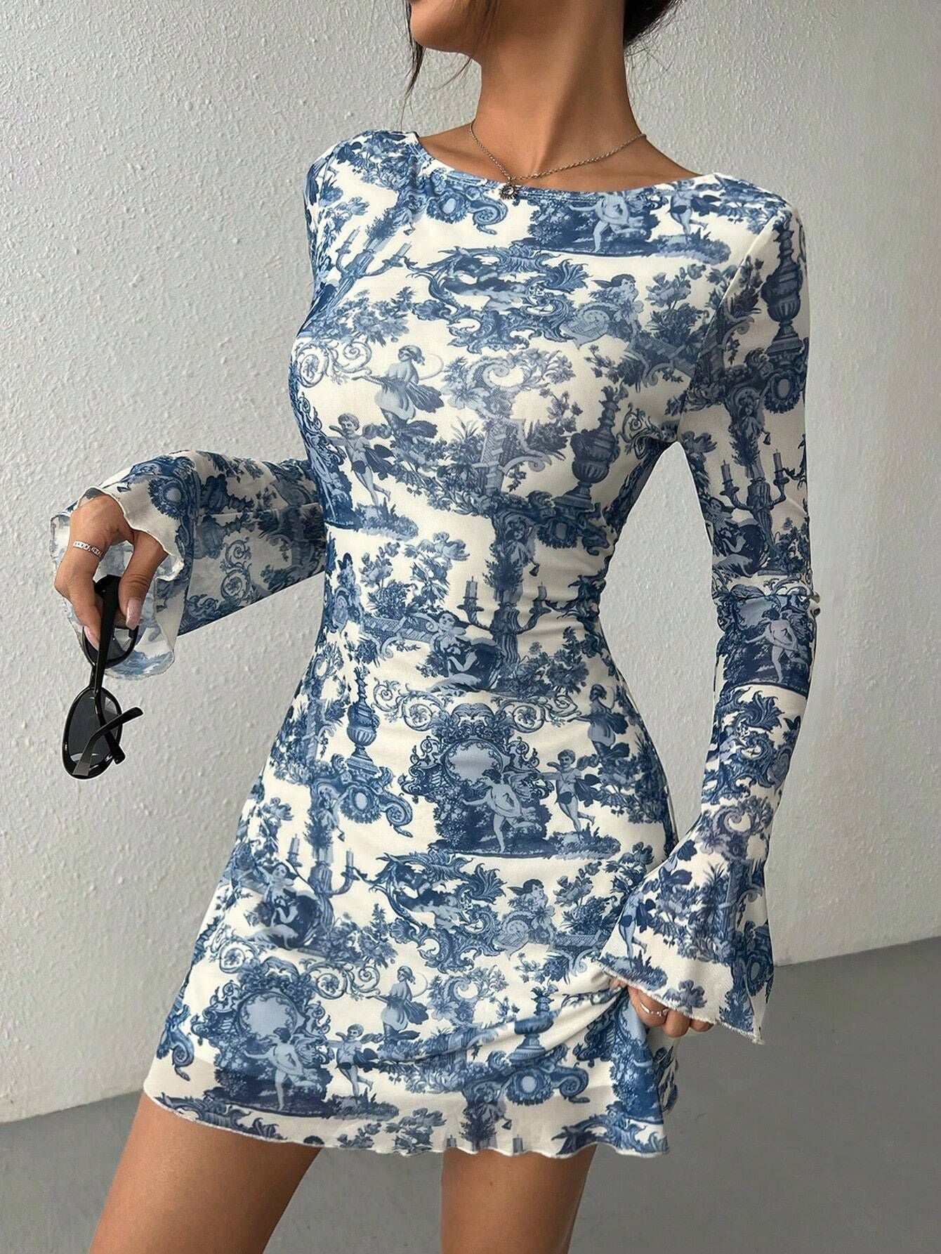 Blue Abstract Printed Bell Sleeve Dress - Image 3