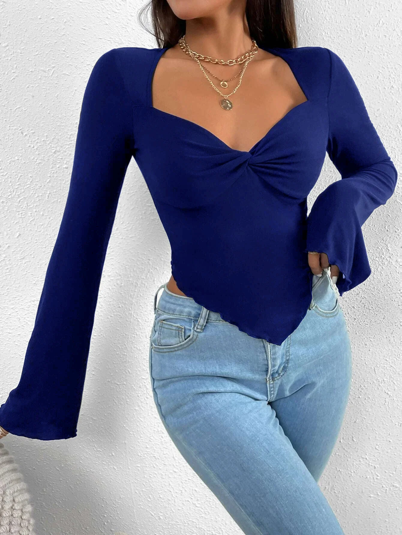 Blue Bell Sleeve Asymmetrical Hem Top