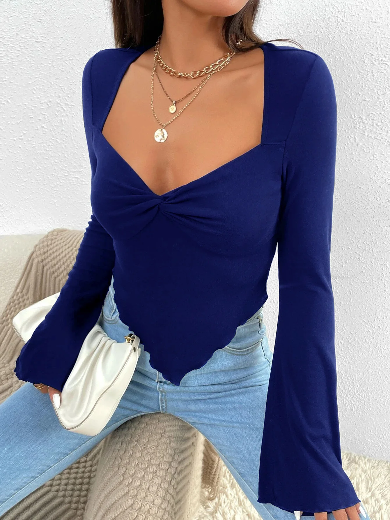 Blue Bell Sleeve Asymmetrical Hem Top - Image 3